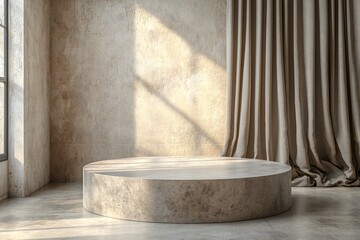 Product Display, Podium, Minimalist Round Concrete Podium Display Beige Curtain Sunlit Studio Background