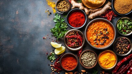 Vibrant colors of spices and ingredients showcase the beauty of Indian cuisine, featuring lentils and fresh herbs elegantly arranged on a rustic background
