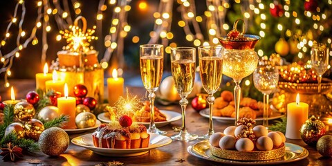 Festive New Year's Eve 2025 Dinner Party with Sparkling Decorations and Glowing Lights