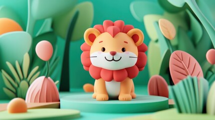 A Cute Cartoon Lion Character Sitting On A Green Platform
