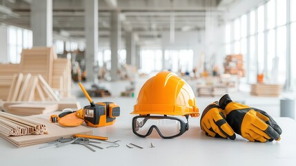 A well organized arrangement of essential construction safety equipment and building materials in a professional workshop or industrial workplace setting