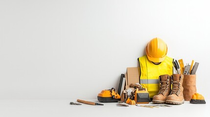 A comprehensive image showcasing essential safety equipment and construction tools used by skilled workers on an active worksite