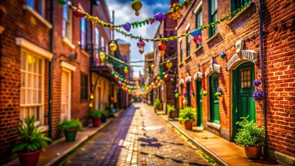 Fototapeta premium Festive Red Brick Alleyway, Mardi Gras Decorations, Tilt-Shift Miniature Effect Stock Photo