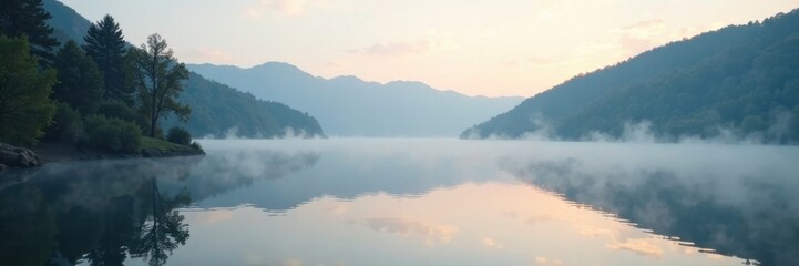 Fototapeta premium Misty morning fog rolling over the calm waters of a peaceful lake , reflective, water, peaceful