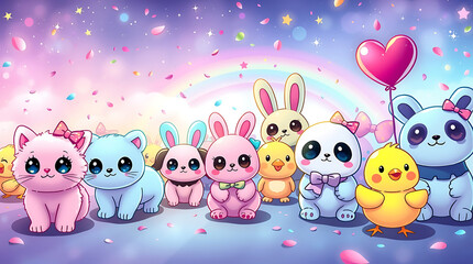 Cute pastel bunnies in princess crowns with colorful rainbow background, adorable kawaii bunnies with hearts and balloons, spring pastel aesthetic