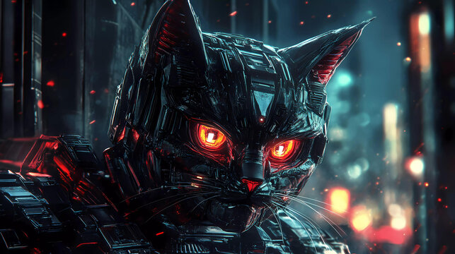 Futuristic Robotic Megatron Cat in the Dark.