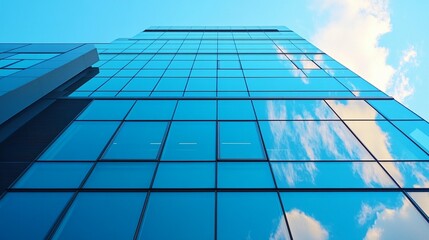Modern glass skyscraper reflecting blue sky and clouds.