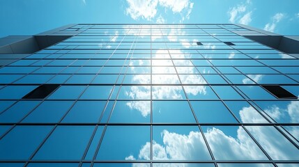 Modern glass skyscraper reflecting blue sky and clouds. (1)
