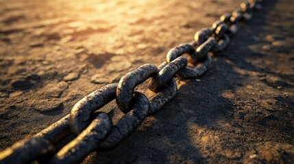 Detailed View of Rusty Metal Chain on Rough Surface Under Warm Natural Light at Sunset