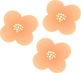 Three Cartoon Style Flowers with Orange Gradient Petals and Yellow Dots in the Center on White Background, Perfect for Greeting Card Design, Children Book Illustration, Nursery Decor, Textile Pattern
