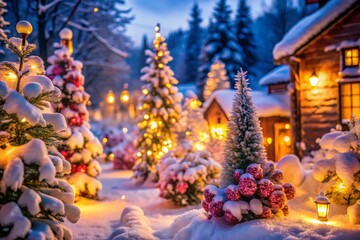 Festive Winter Wonderland Scene with Floral Accents - Low Light Photography Stock Photo