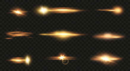 Set of flashes, lights and sparks. Abstract golden lights isolated on a transparent background. Bright gold flashes and glares. Bright rays of light. Glowing lines. Vector illustration. EPS 10