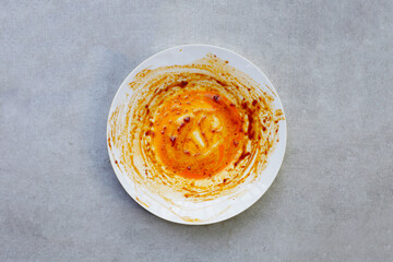 Dirty dishes on yellow background. Top view
