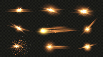 Set of flashes, lights and sparks. Abstract golden lights isolated on a transparent background. Bright gold flashes and glares. Bright rays of light. Glowing lines. Vector illustration. EPS 10