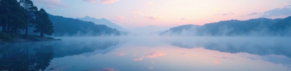 Fototapeta premium Soft blue mist envelops a serene lake at dawn, blue landscape, water, serene