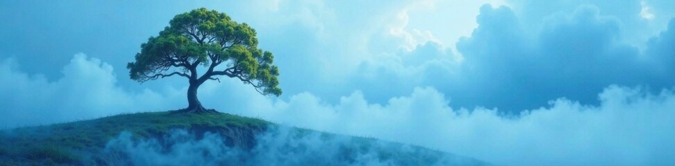 Fototapeta premium Soft blue mist swirls around a lone tree branch, blues, mist, branches