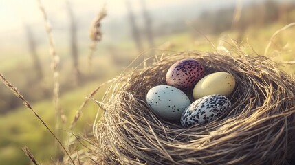 Obraz premium Speckled Bird Eggs in Nest Spring Nature