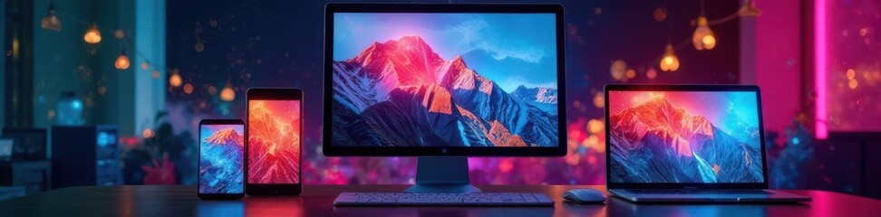 Multiple browser windows open on computer and mobile devices, tabs, computers, gadgets