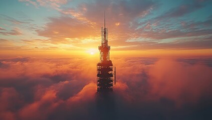 Obraz premium Towering Communication Structure Against a Stunning Sunset Sky Surrounded by Soft Clouds and Beautiful Color Gradients at Dawn