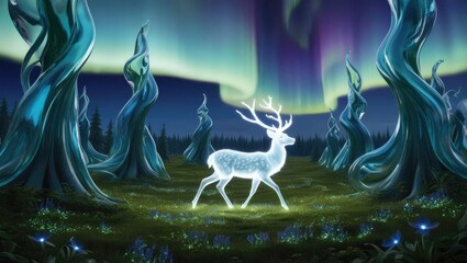 Enchanted Forest with Translucent Glass Trees Reflecting the Aurora Borealis and a Glowing Deer with Luminous Antlers Amid Bioluminescent Flowers