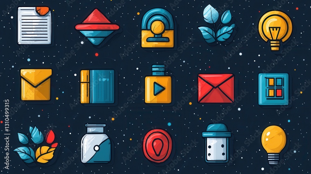 Poster collection of 15 outline icons representing management and digital workflow processes minimalist fla