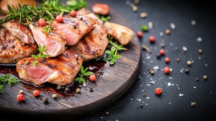 Hearty plate of food with savory meat and accompaniments for a satisfying dining experience on a wooden table