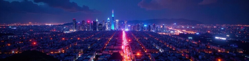Neon lights illuminating a cityscape at night, urban, neon, cityscape