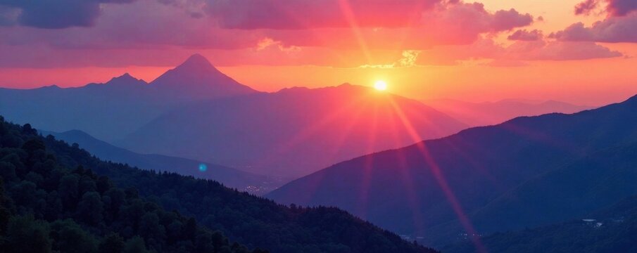 Softly glowing sunset over a mountain range, natural scenery, fuzzy pink blue yellow gradient background,