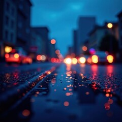 Fototapeta premium Sparkling glitter bokeh in a deep dark blue frame with city lights at dusk, night sky, city lights, urban