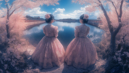 gyeongbokgung palace in seoul, south korea, with two korean women wearing hanfu,