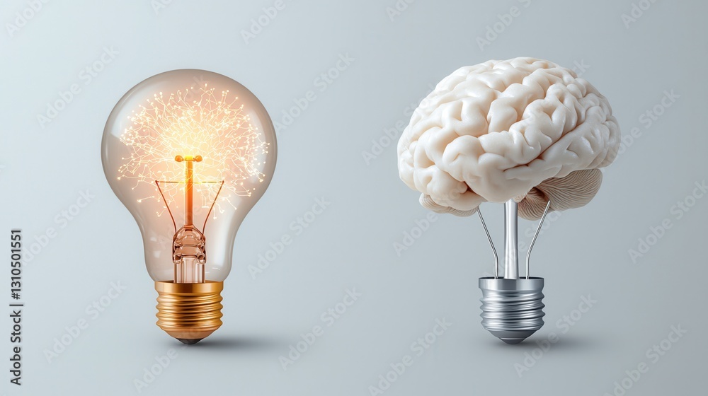 Poster innovative knowledge and idea representation with brain and lightbulb icons conceptual symbols of le