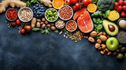 A diverse selection of fresh fruits, vegetables, grains, and proteins is artfully displayed on a dark table. This lively setup invites creativity in meal prep, emphasizing vibrant nutrition