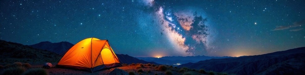 Starry night sky above a fabric tent under the Milky Way's vast expanse, natural, cosmos, galaxy