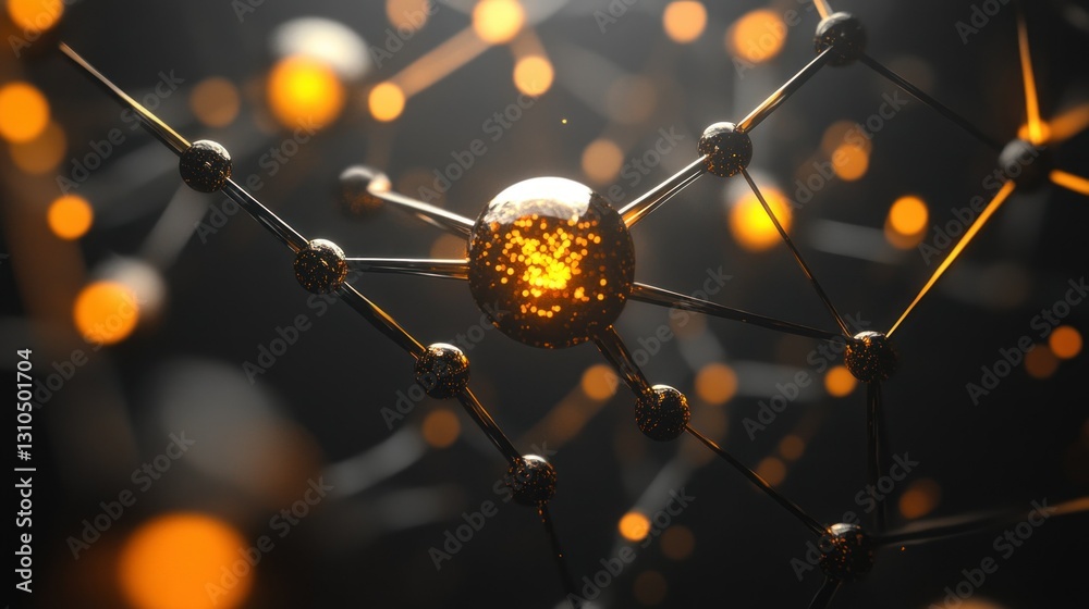 Poster abstract representation of molecular structure with luminous nodes and dark background