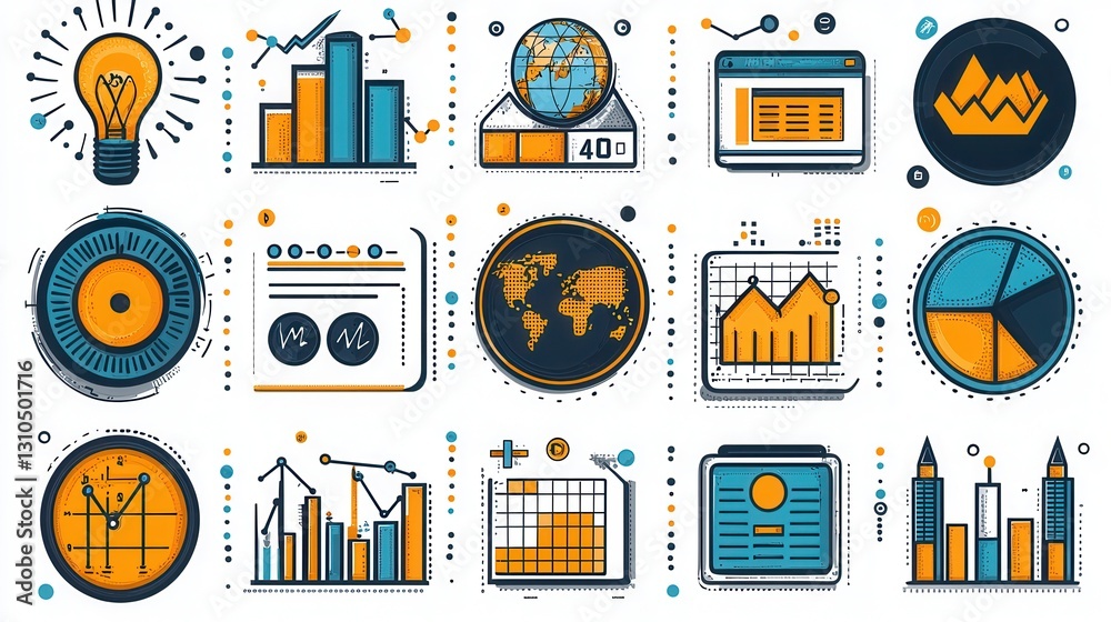 Poster vibrant line style statistics icons collection showcasing business analytics and data visualization 