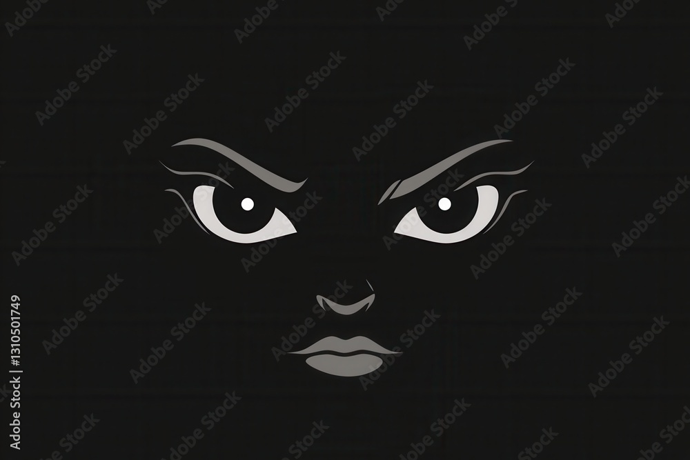 Poster eerie minimalist icon featuring dark face with wide fearful eyes and striking monochrome contrast cr