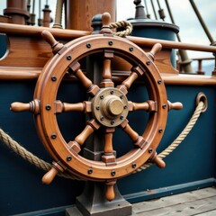 Old wooden sailing ship wheel with rope and anchor , maritime artifacts, wooden wheels, ocean theme