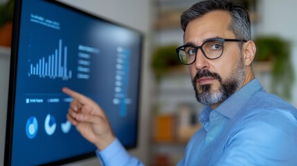 Businessman Analyzing Data Metrics on a Large Monitor Screen