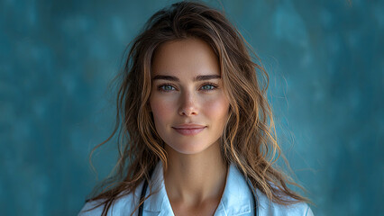 Woman doctor in hospital. Contrast. Laboratory. Beautiful female doctor in a white coat with a stethoscope. Medical student. Concept of medicine. Background with copy-space. Generated AI.