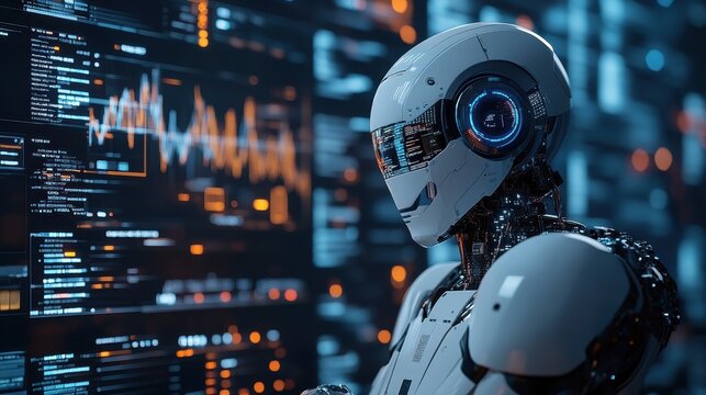 Advanced Robot Analyzing Data on a Digital Screen