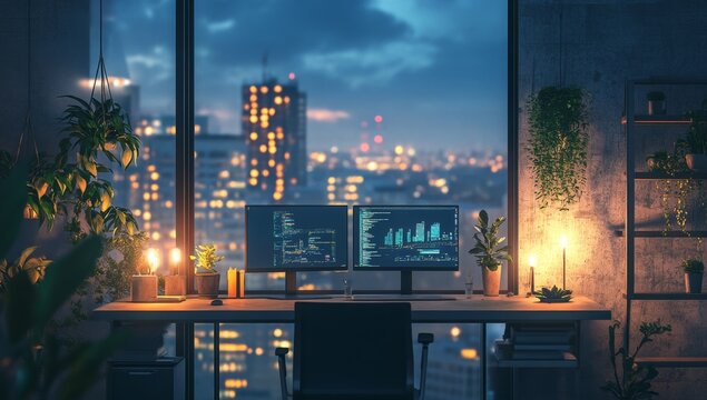 Fototapeta Cozy urban workspace at night with city view