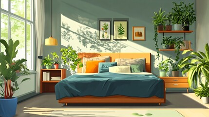 Professional Image of a Big Comfortable Bed with Houseplants and Shelving