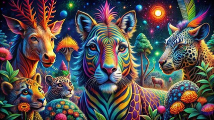 Fluorescent Animal Patchwork Art: Vibrant Spray Paint Collage