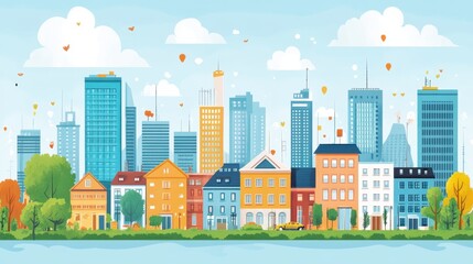 Autumn Cityscape Colorful Buildings and Park by River