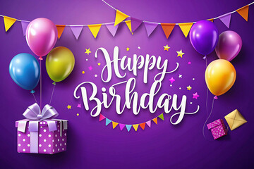 Happy Birthday greeting card with balloons, gift, and bunting.