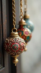 Ornate metal ornaments with intricate details hang from a gold chain, winter, ornaments, metal
