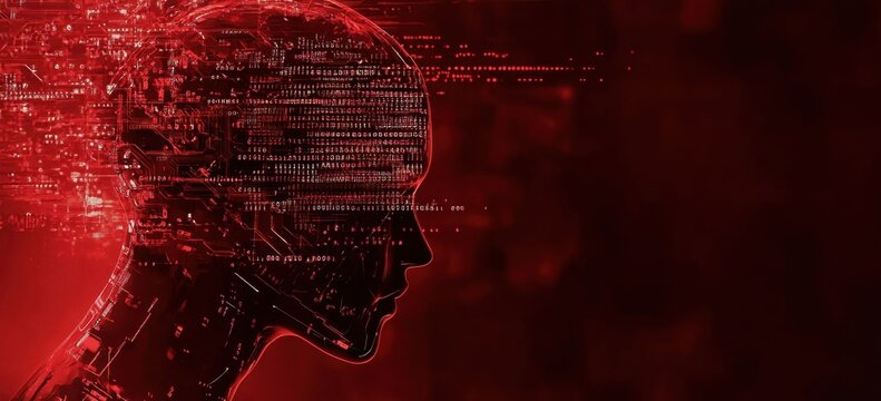 Red digital background illustration of an artificial intelligence concept with a circuit head and binary code in a dark red color Generative AI