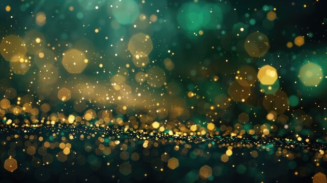 Festive bokeh banner background. Glittering gold lights on emerald green blur