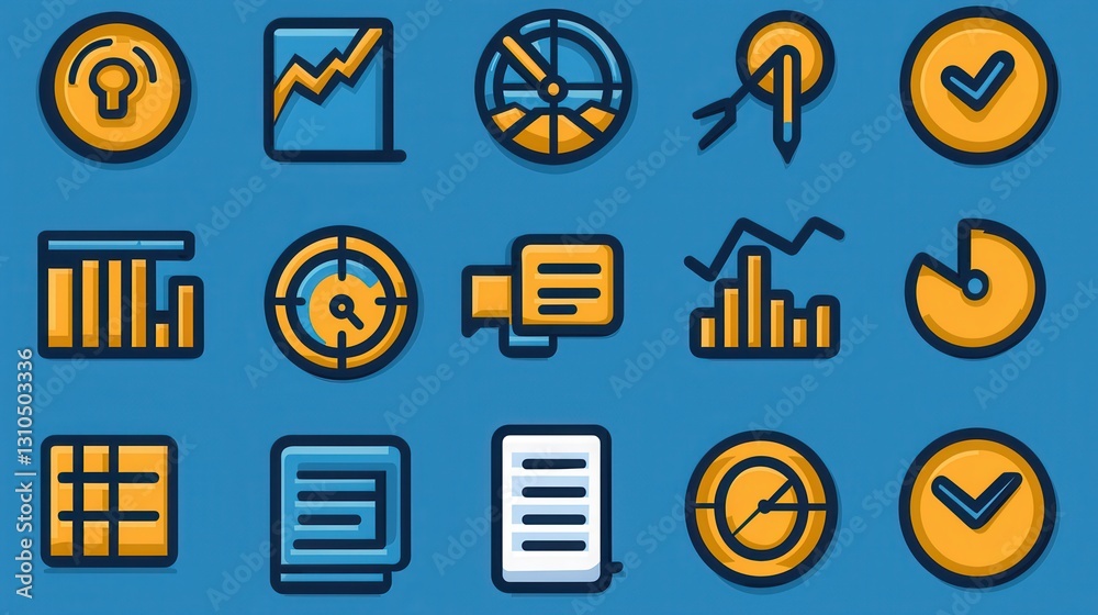 Poster minimalist collection of 15 linear icons related to business analytics data visualization and digita
