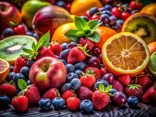 Obraz premium Fractured Fruit Still Life: Vibrant Composition with Deep Depth of Field